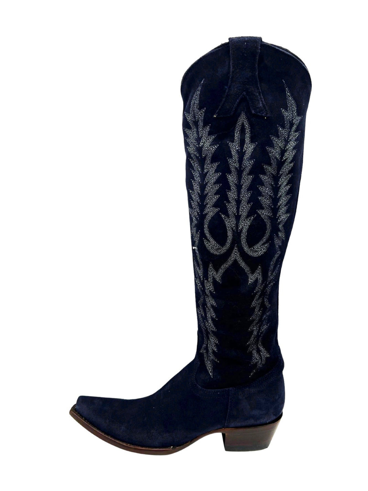 Embroidery Half-Zip Snip-Toe Tall Knee High Cowgirl Boots - Navy Blue Faux Suede