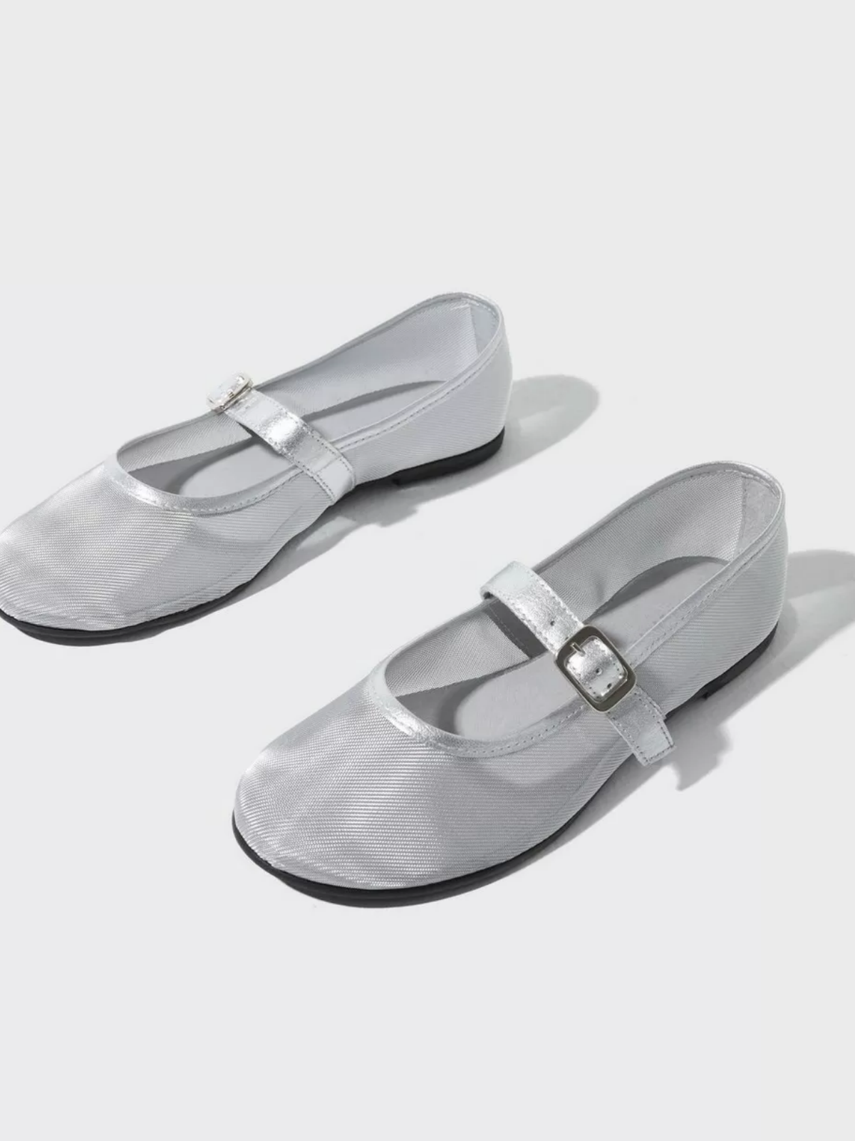 Metallic Silver Mesh Round-Toe Ballerinas Flats Buckled Mary Janes