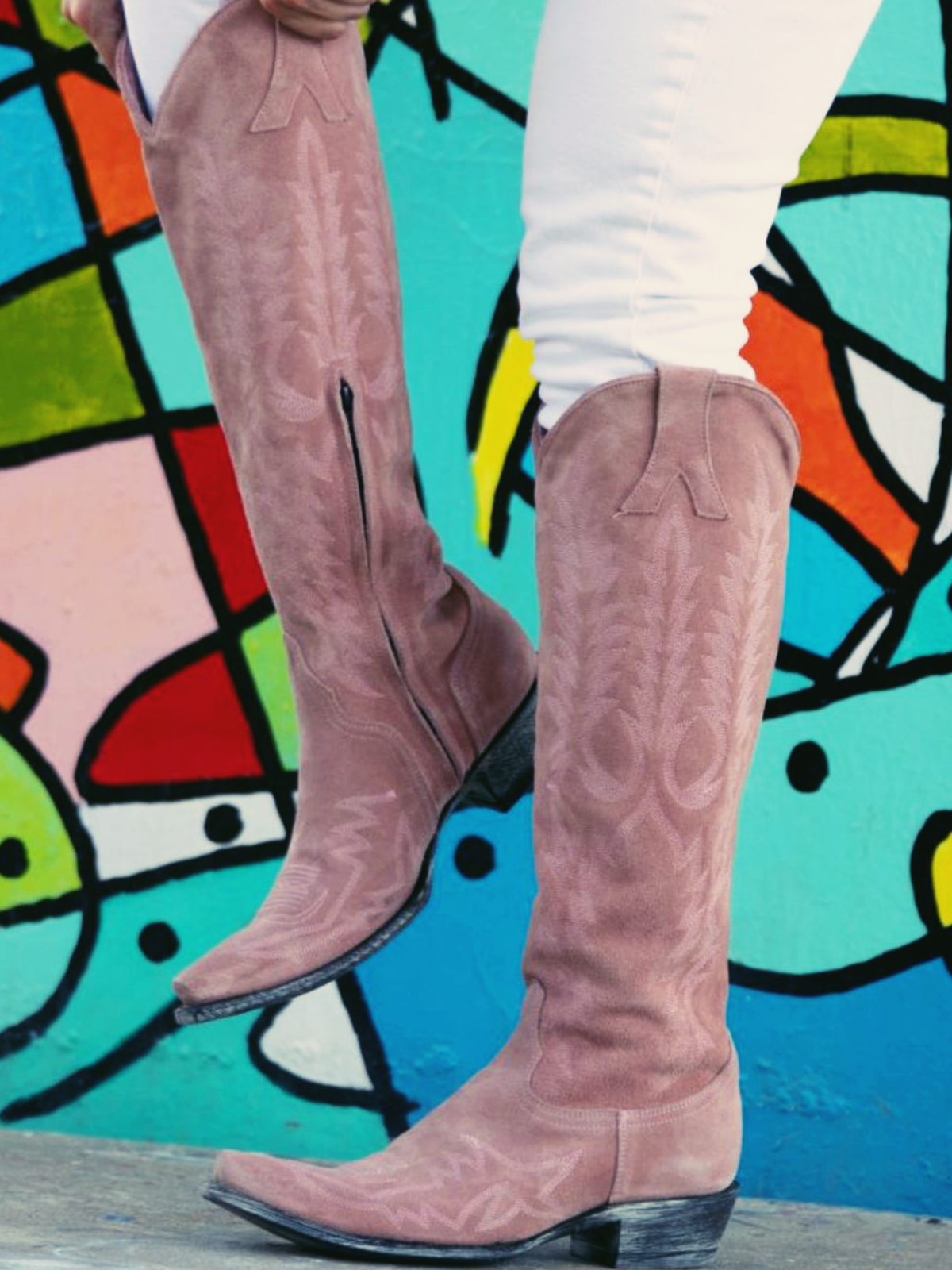 Pink Faux Suede Embroidery Half Zip Cowgirl Tall Boots Western Knee High Boots