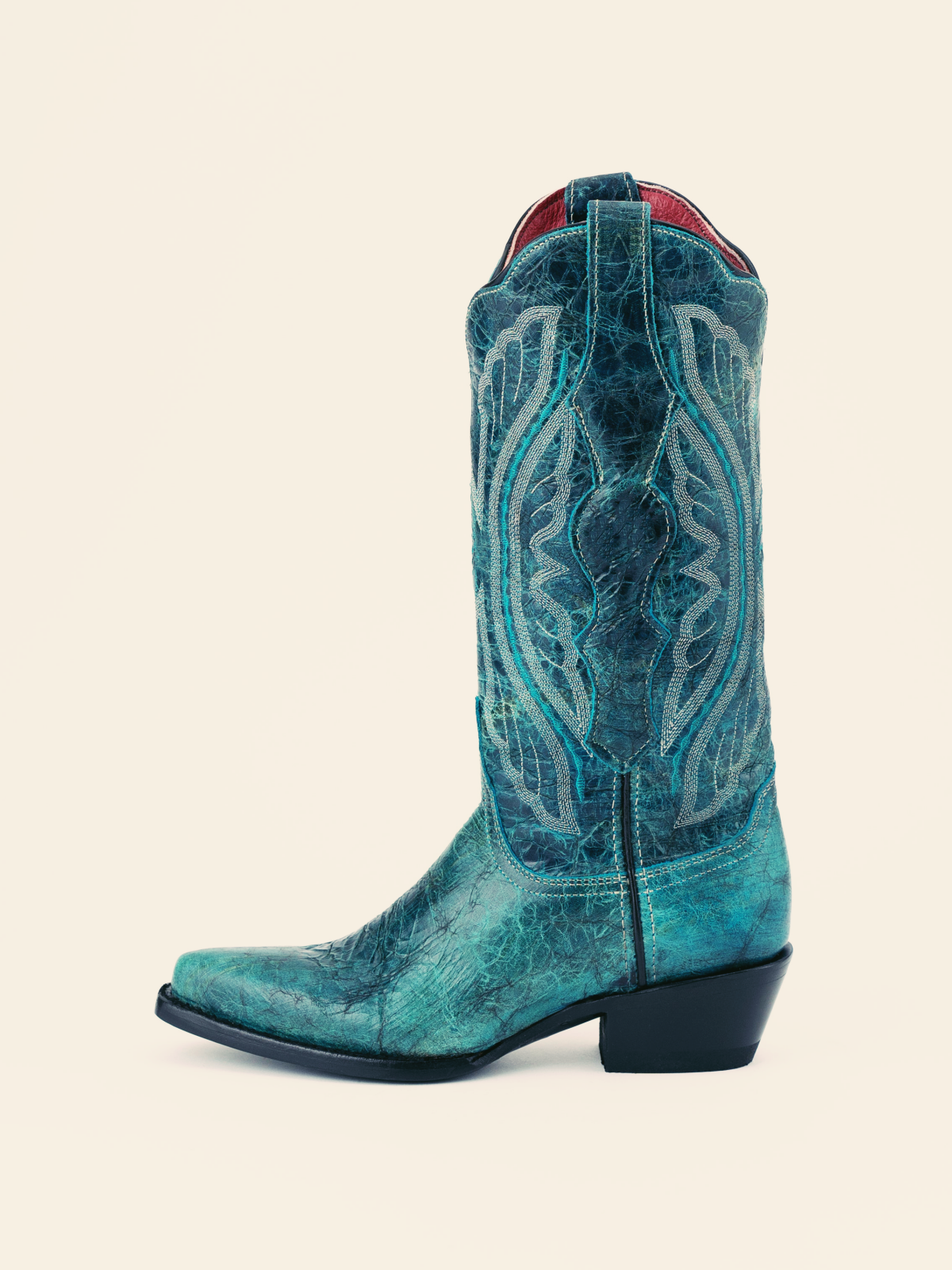 Distressed Teal Embroidery Snip-Toe Wide Mid Calf Western Boots Cowgirl Tall Boots