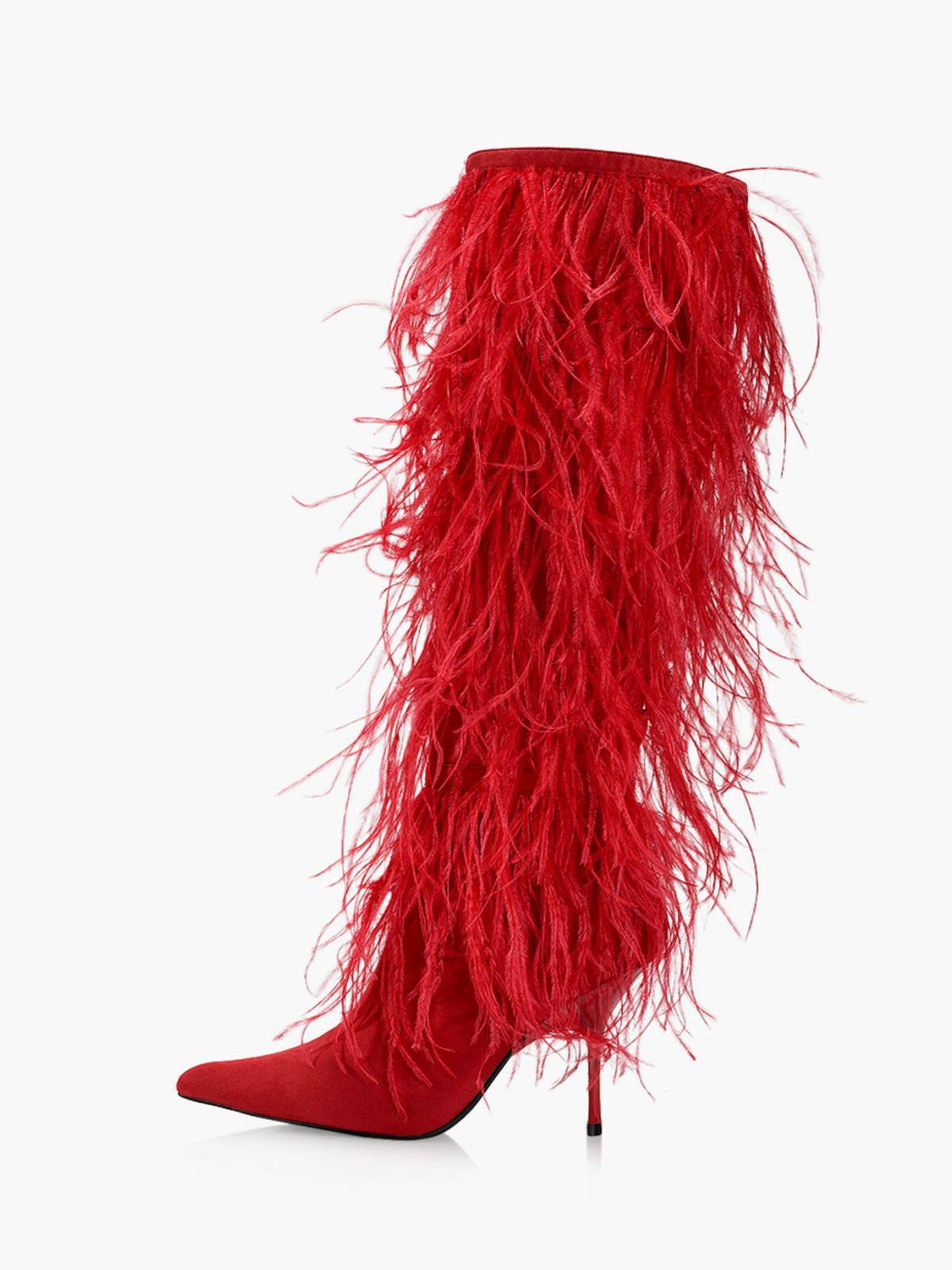 Faux Suede Pointed-Toe Faux Feather Wide Mid Calf Stiletto Boots - Red