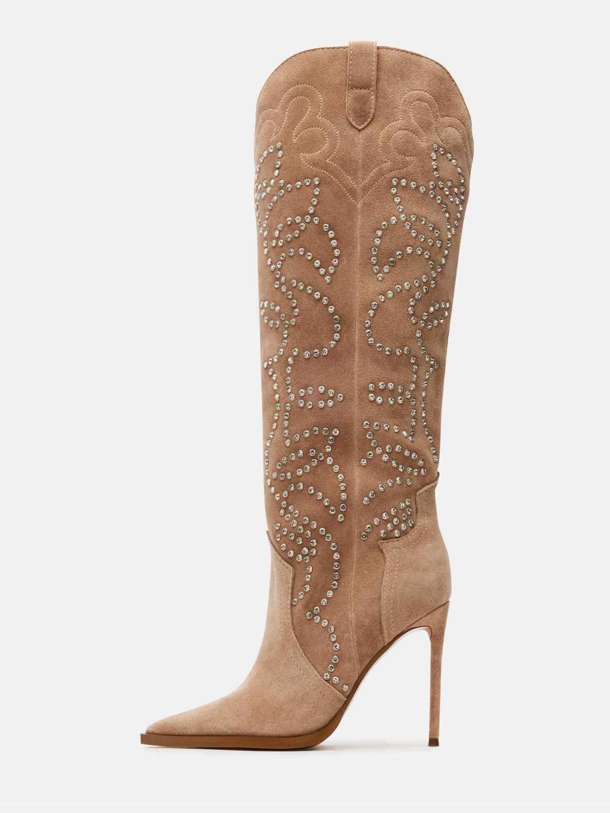 Tan Faux Suede Pointed-Toe Studded Embroidery Wide Mid Calf Stiletto Boots