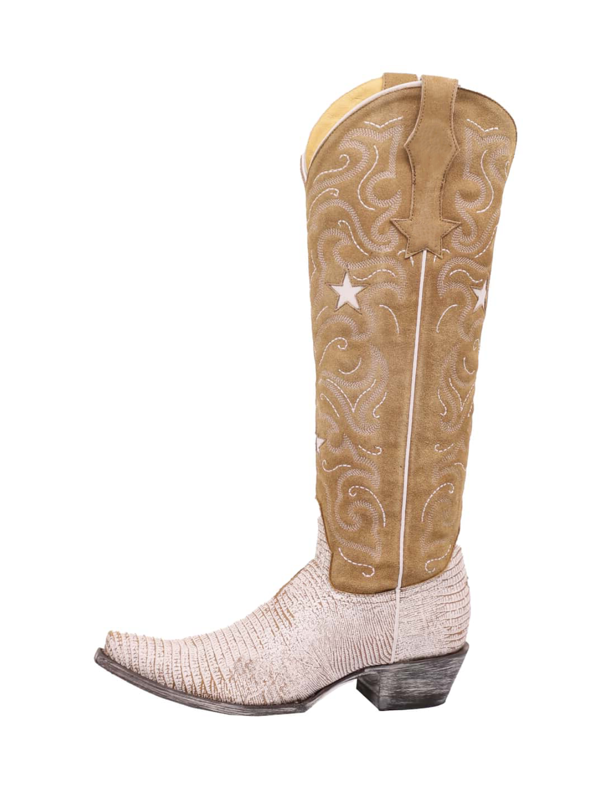 Contrast Camel And Lizard Print White Snip-Toe Embroidery Star Inlay Half-Zip Knee High Cowgirl Boots