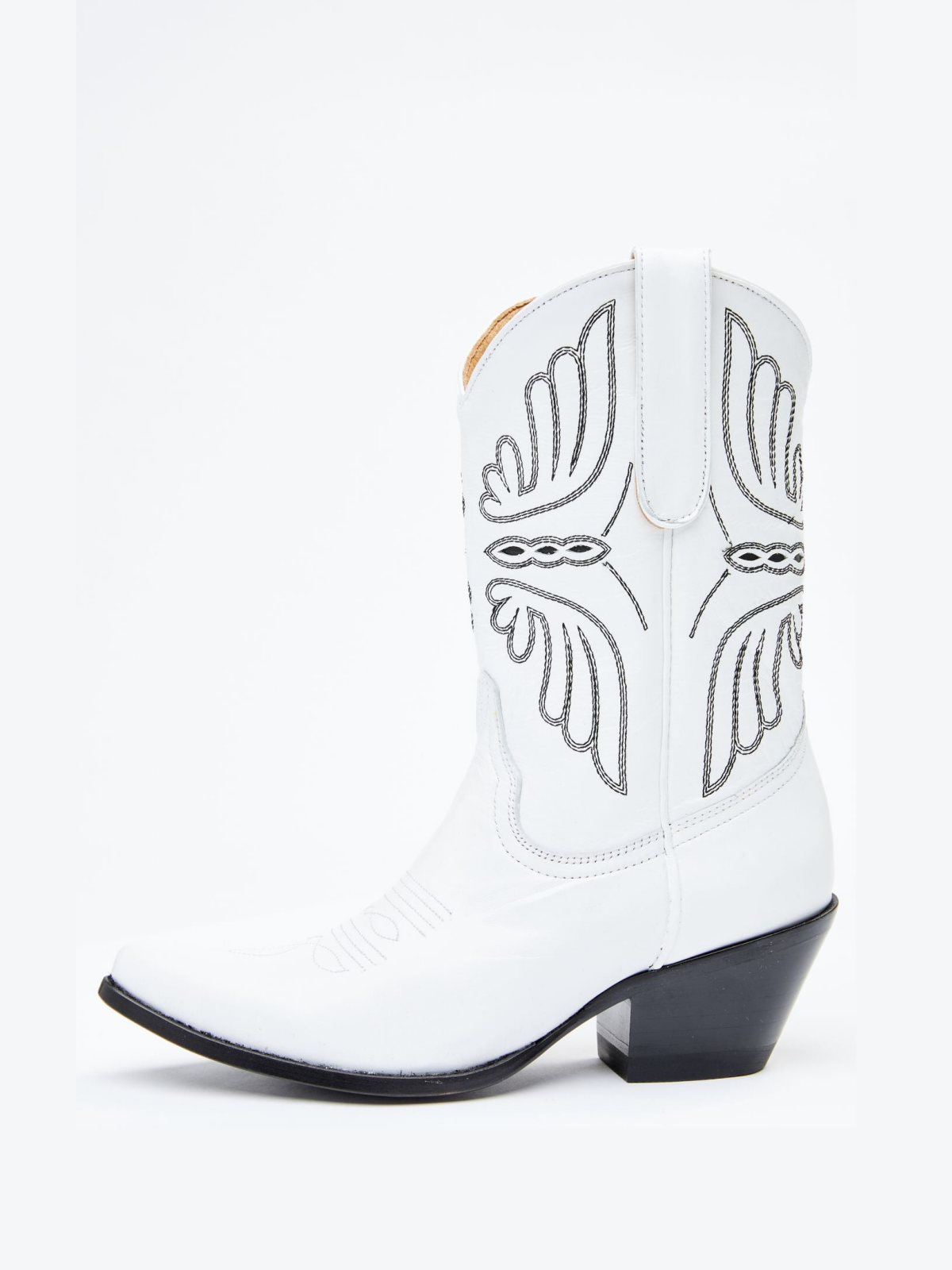 White Butterfly Embroidery Inlay Pointed-Toe Wide Mid Calf Cowgirl Boots