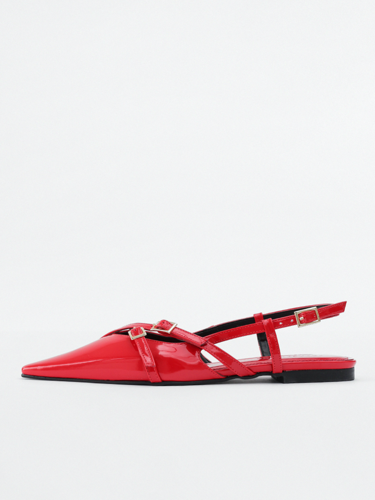 Red Patent Buckle Detailed Pointy-Toe Ballet Flats Slingbacks