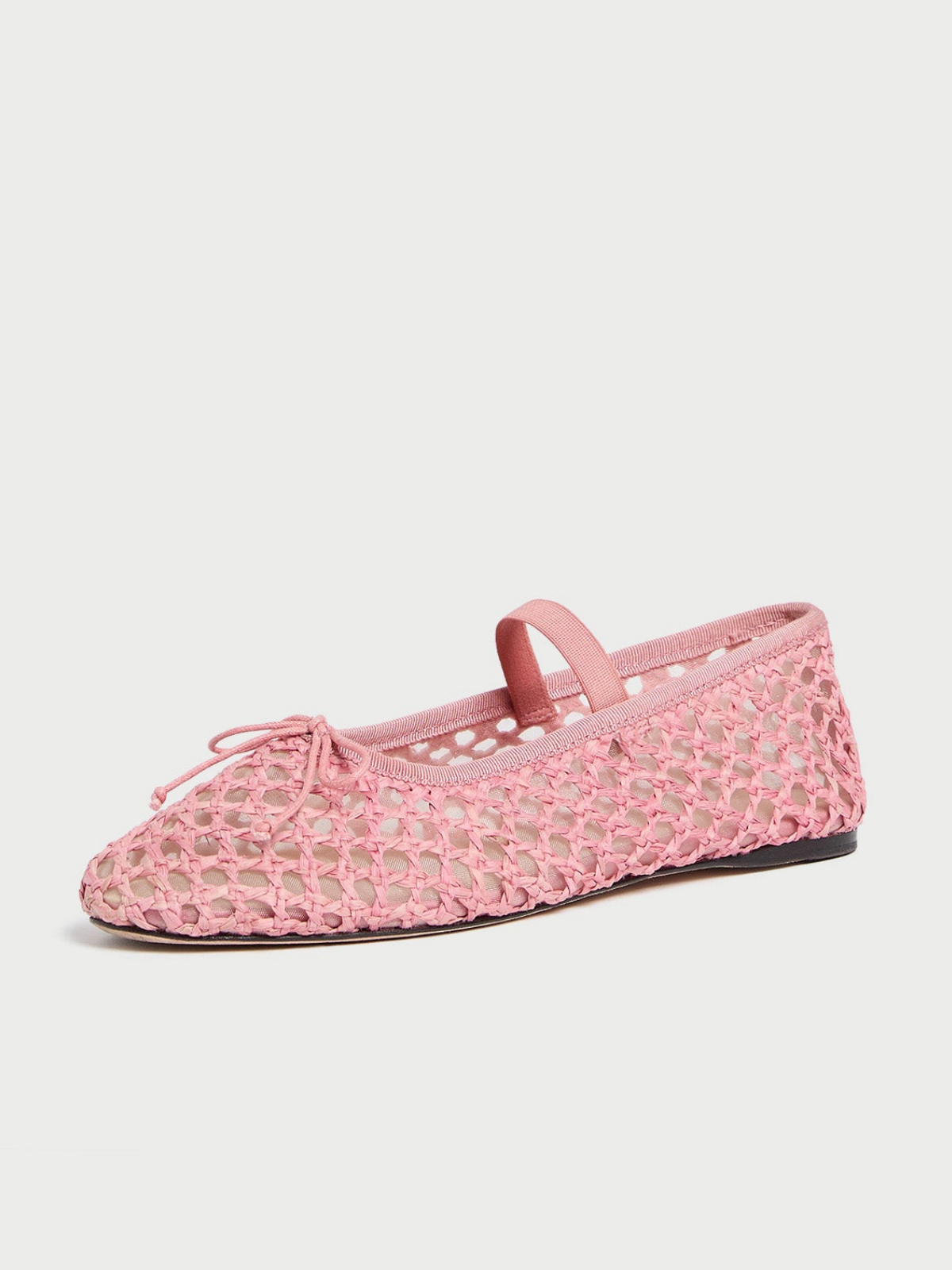 Pink Almond-Toe Straw-Woven Elastic Bridge Strap Bow Mesh Ballet Flats