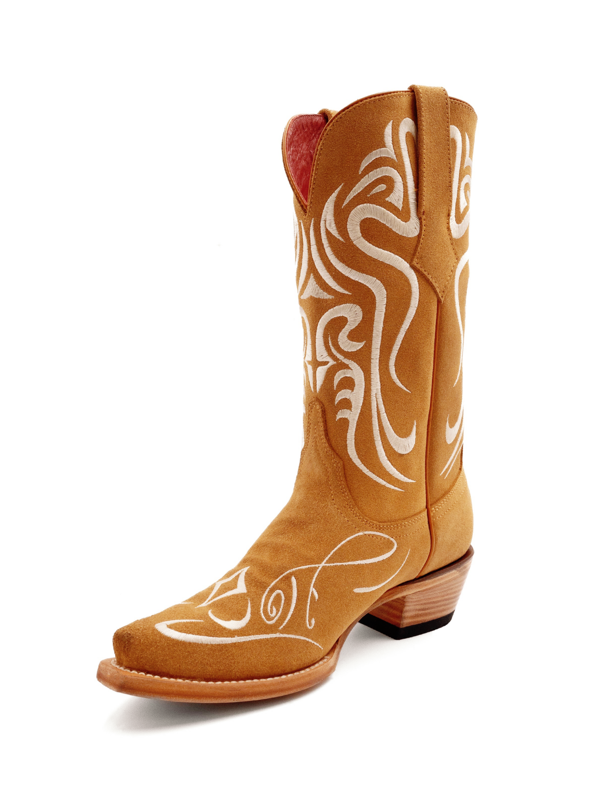 Brown Faux Suede Scroll Embroidery Snip-Toe Cowgirl Tall Boots Wide Mid Calf Western Boots