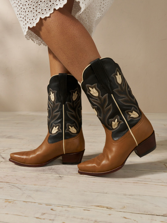 Contrast Tan And Black Embroidery Snip-Toe Wide Mid Calf Cowgirl Boots With White Tulip Inlay