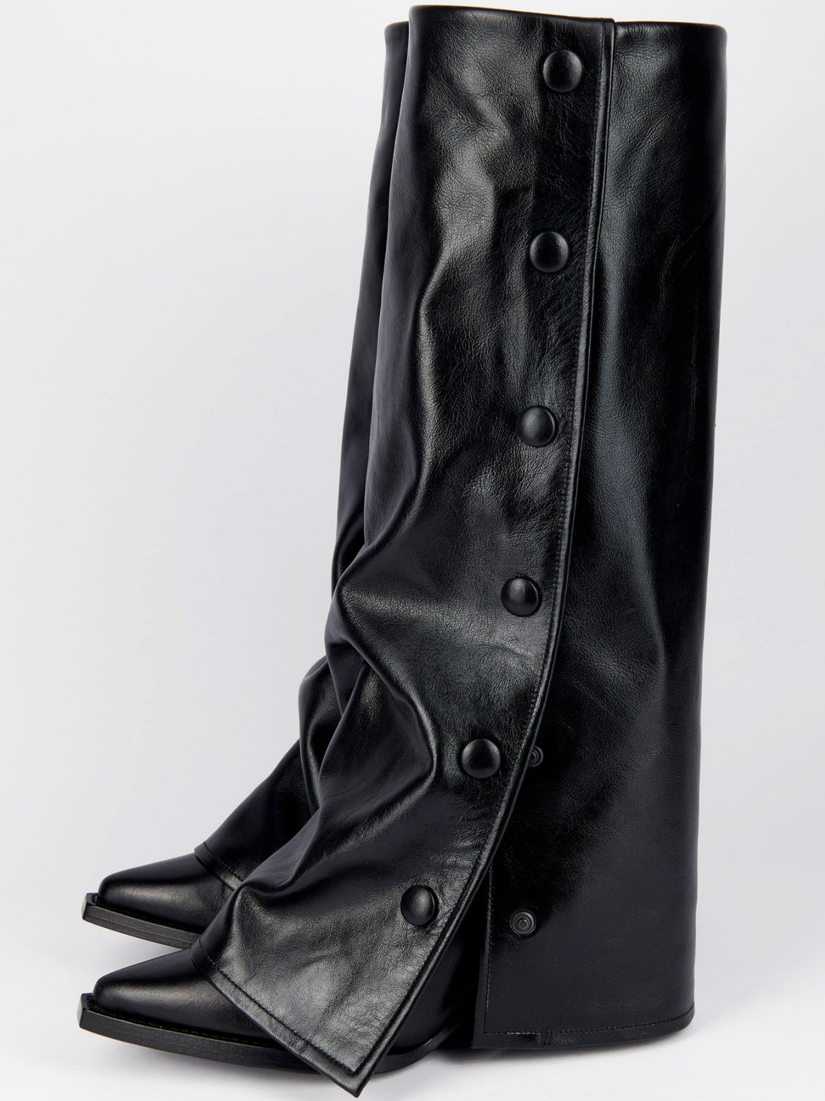 Black Snip-Toe Fold-Over Snapped Panel Tall Wide Mid Calf Boots