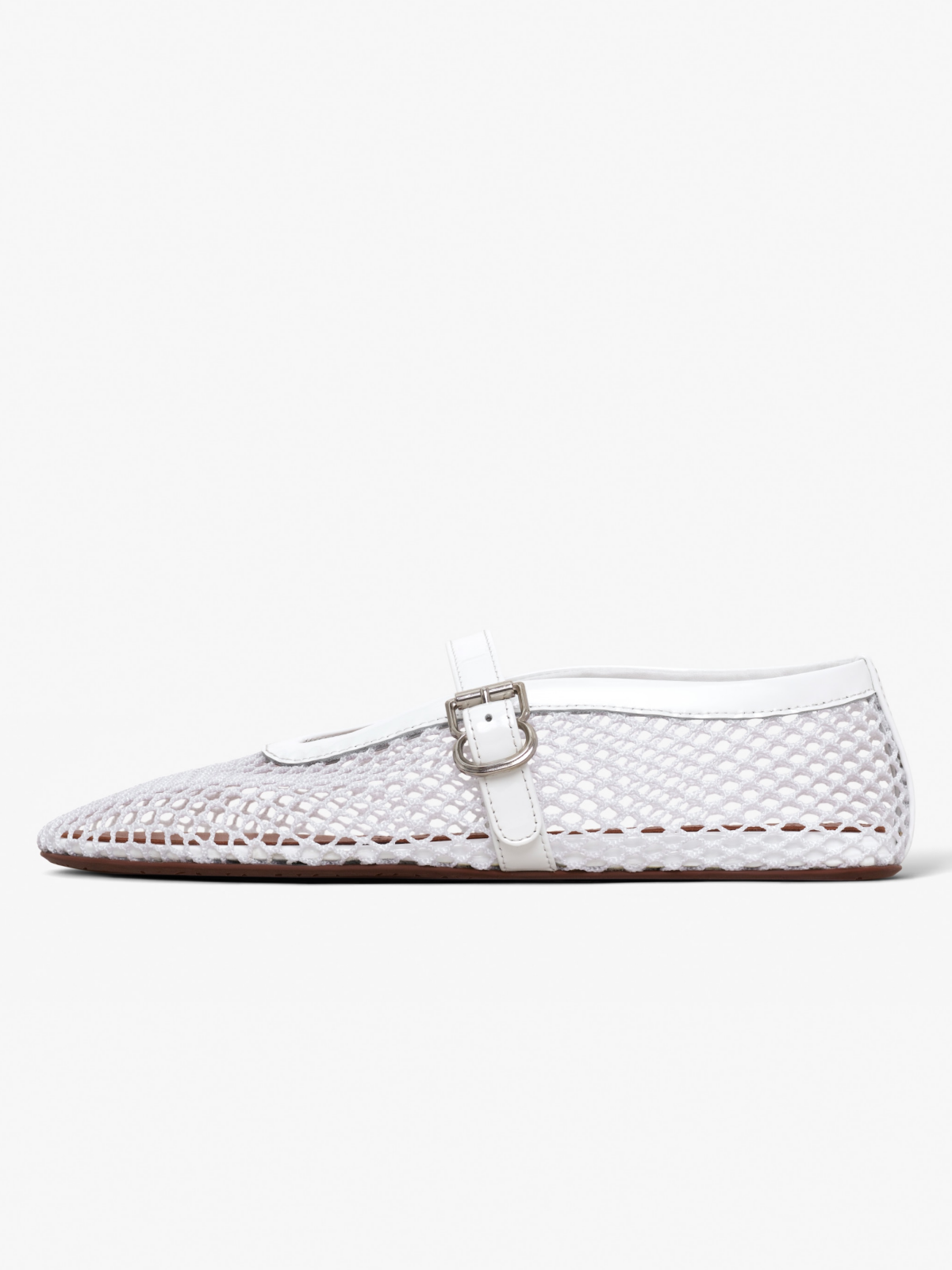 White Fishnet Ballet Flats Mary Janes With Buckle Strap