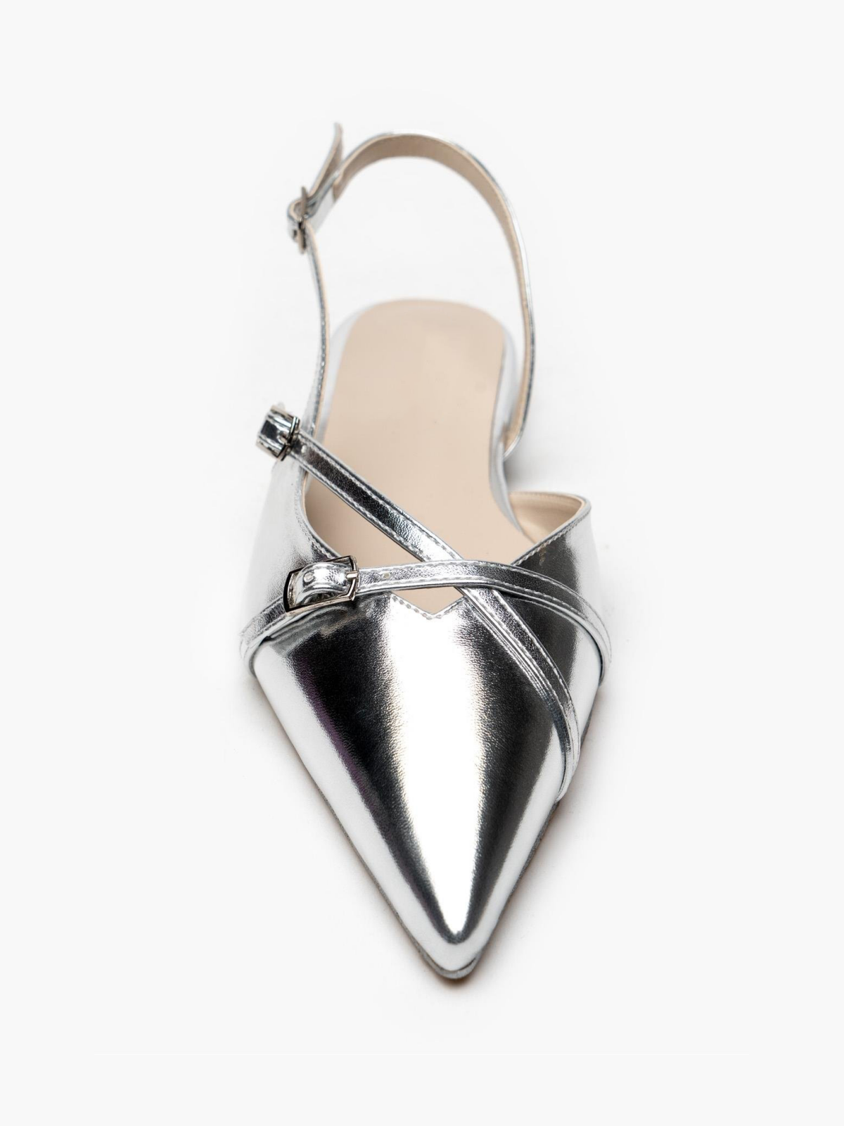 Metallic Silver Buckled Belt Detail Pointy Ballet Flats Slingbacks