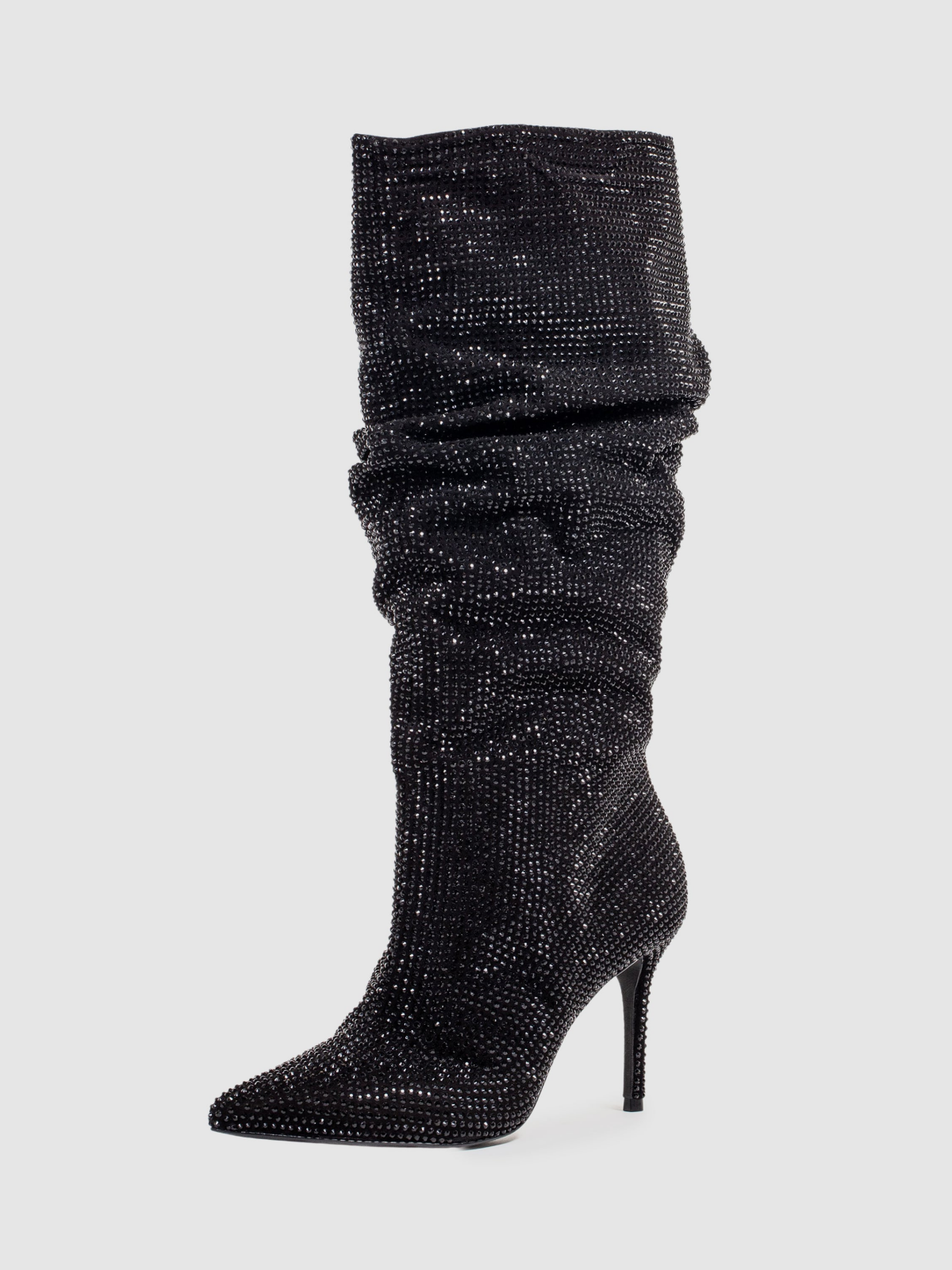 Black Faux Suede Pointed-Toe Crystal Slouchy Wide Mid Calf Stiletto Boots