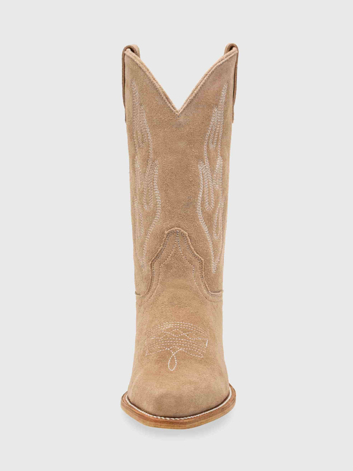 Flame Embroidery Faux Suede Snip-Toe Wide Mid Calf Tall Cowgirl Boots - Tan