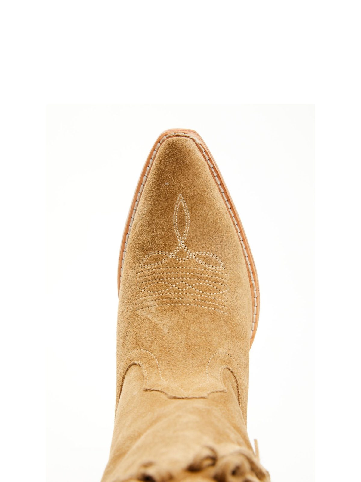 Tan Faux Suede Snip-Toe Fringe Wide Mid Calf Cowgirl Boots