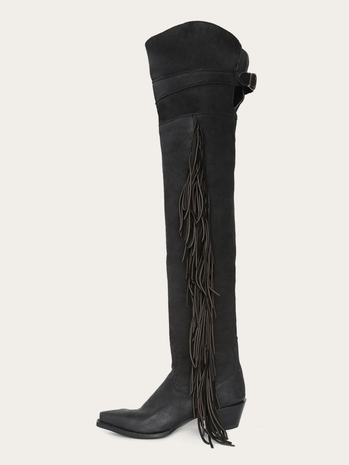 Black Snip-Toe Side Fringe Half-Zip Over-The-Knee Cowgirl Boots