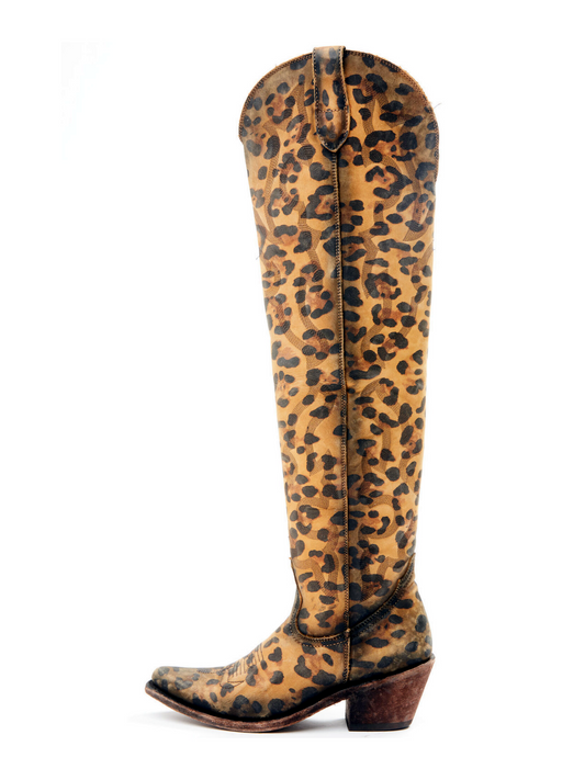 Leopard Almond-Toe Embroidery Half-Zip Over-The-Knee Cowgirl Boots