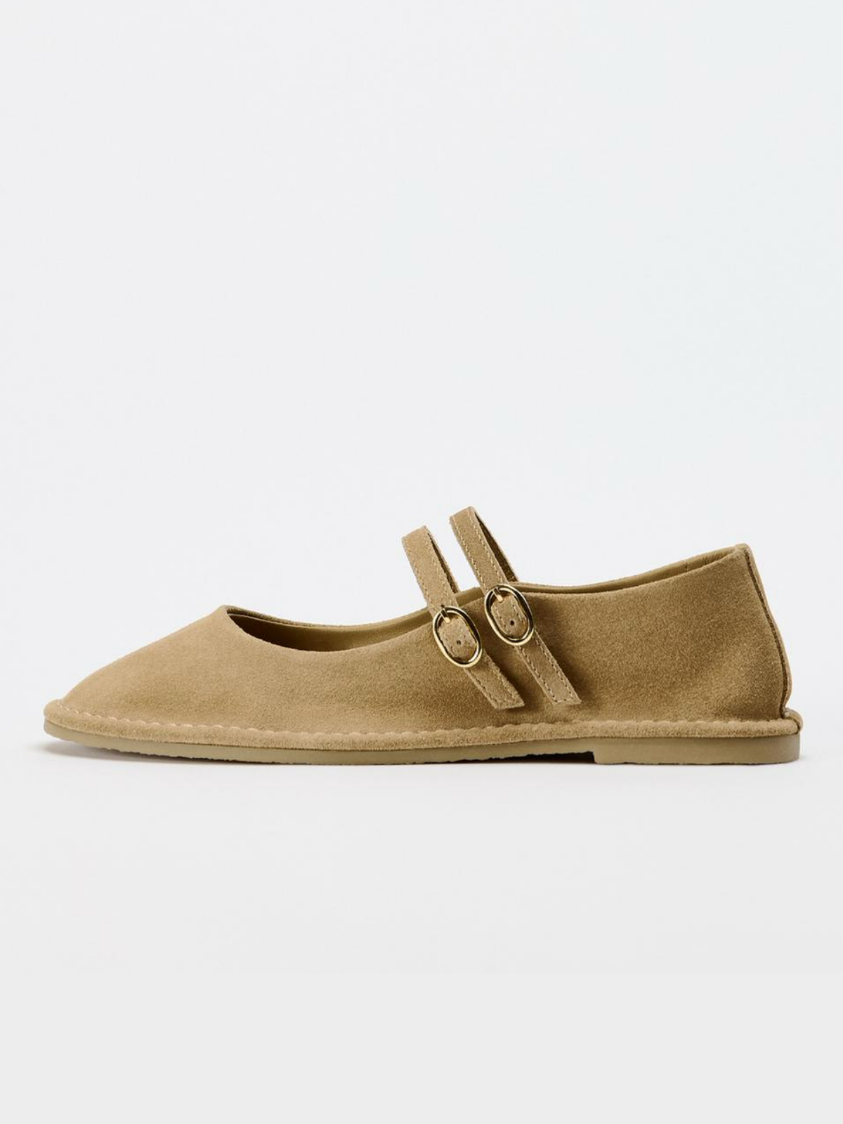 Sand Faux Suede Round-Toe Double Buckle Ballet Flats