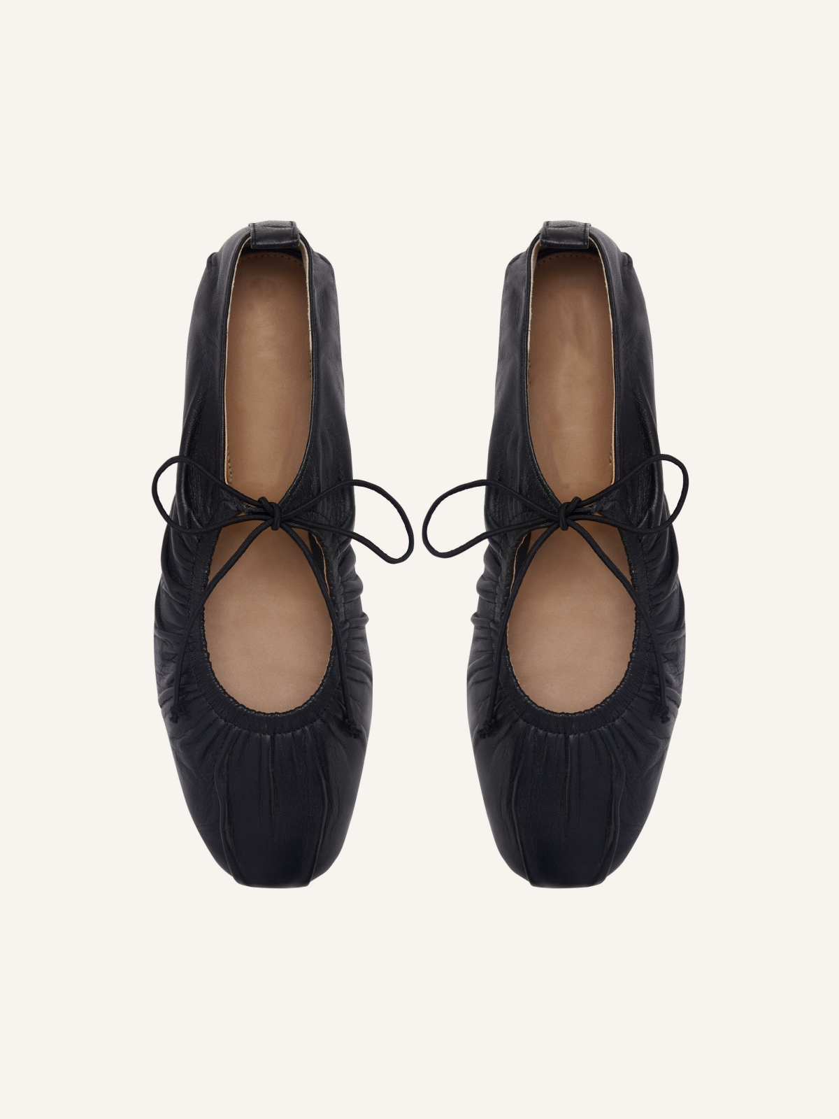 Black Tied Bow Shirring Round Toe Ballet Flats