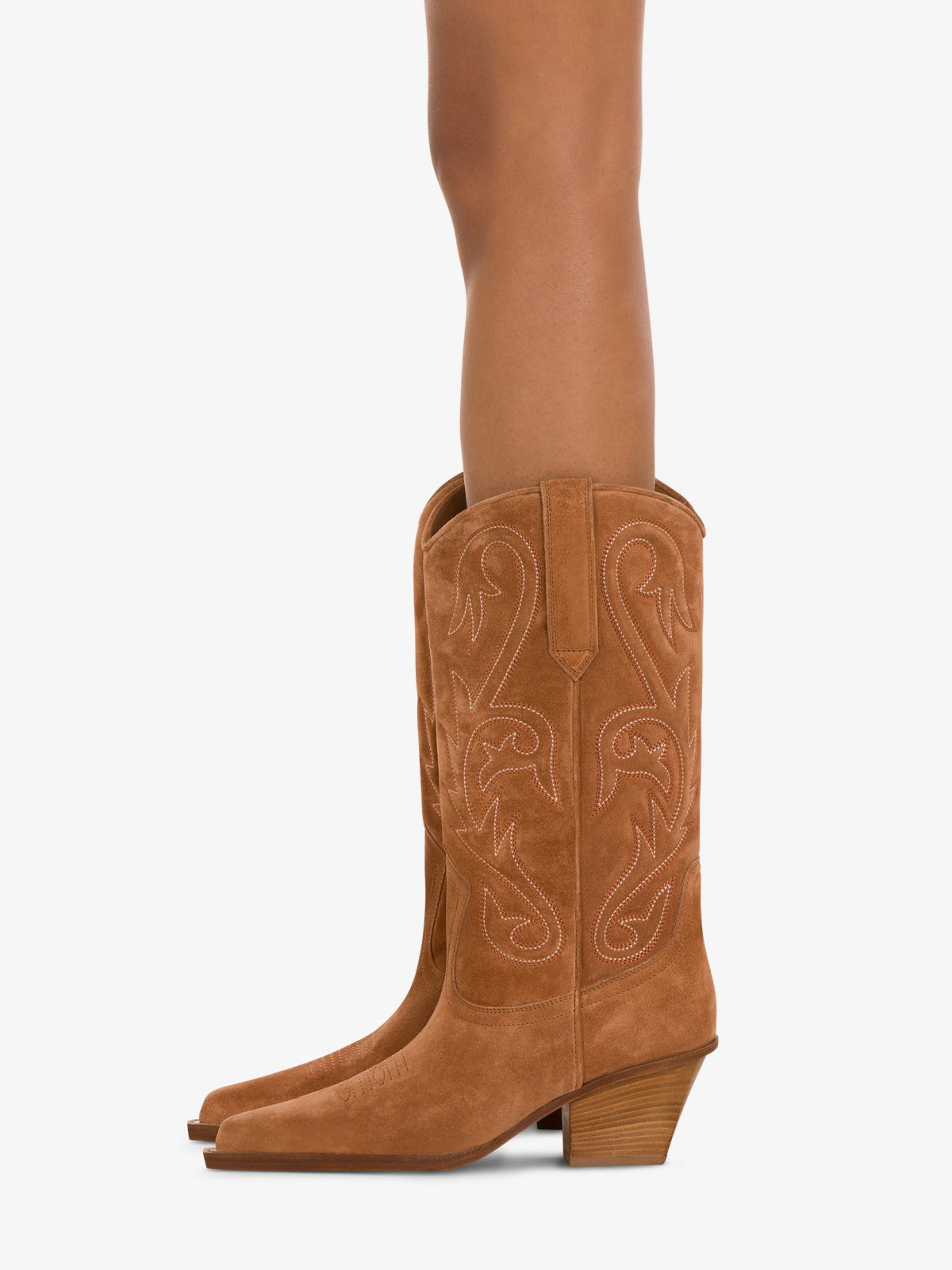 Caramel Faux Suede Snip-Toe Embroidery Wide Mid Calf Cowgirl Boots