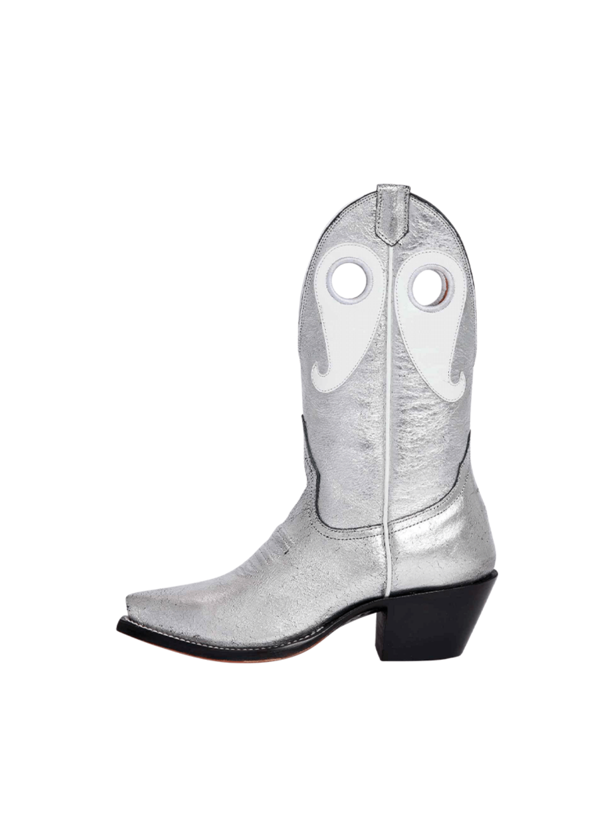 Metallic Silver Cutout Snip-Toe Wide Mid Calf Cowgirl Boots With White Paisley