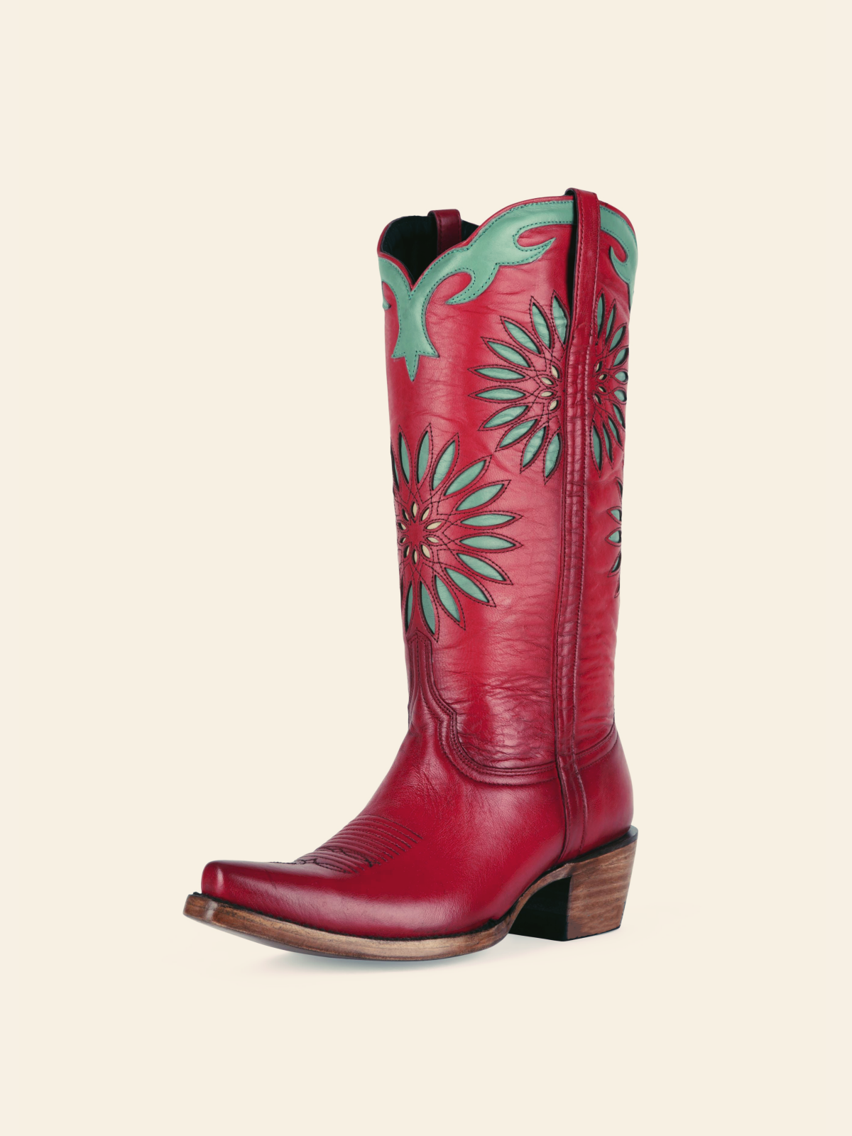 Retro Red Snip-Toe Stitch Mid Calf Western Boots With Green Applique Flower Inlay