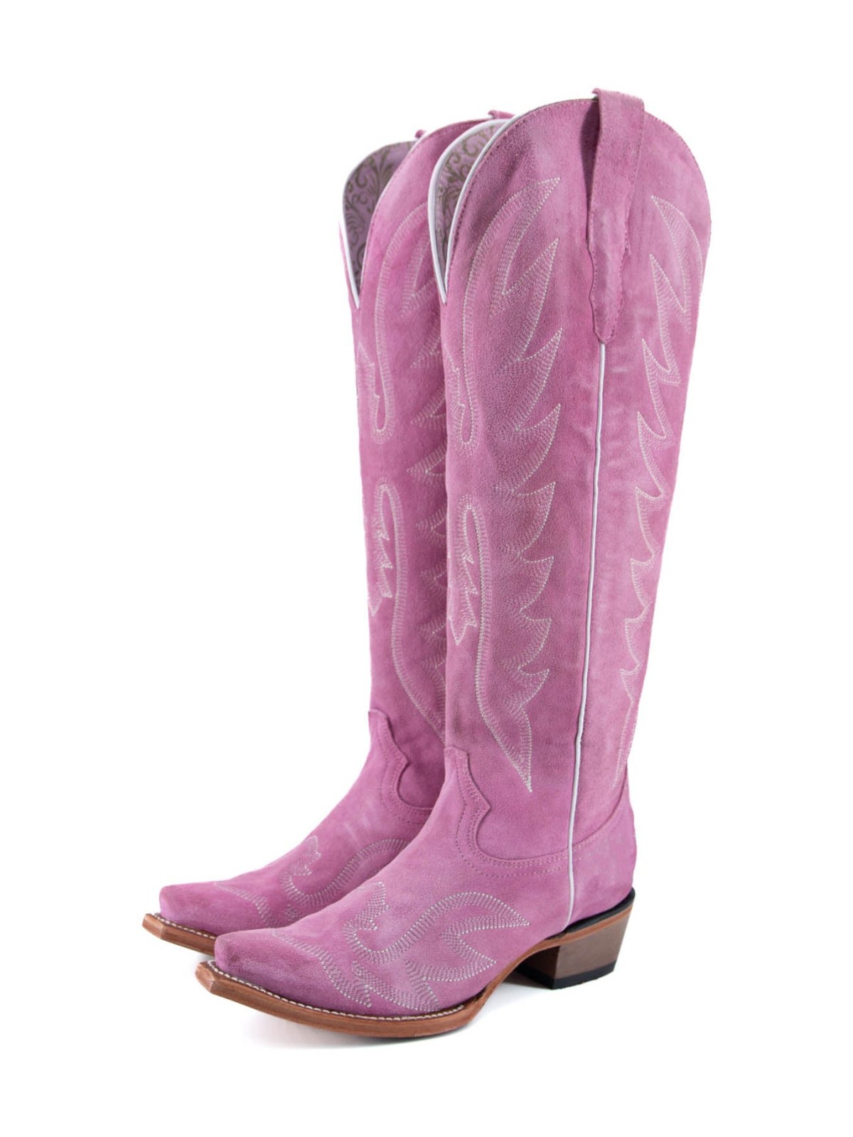 Pink Faux Suede Embroidery Snip-Toe Half-Zip Cowgirl Knee High Tall Boots