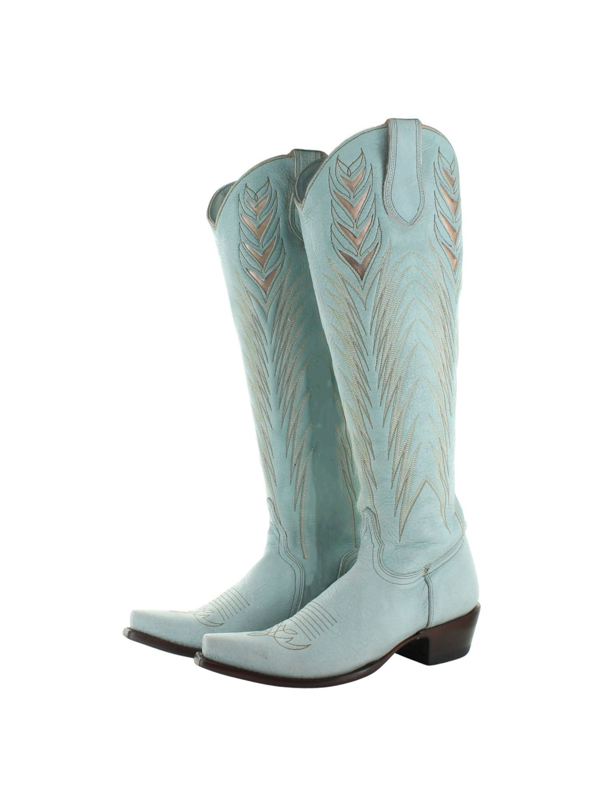 Light Green Inlay Grass Stitch Snip-Toe Cowgirl Wide Calf Tall Boots