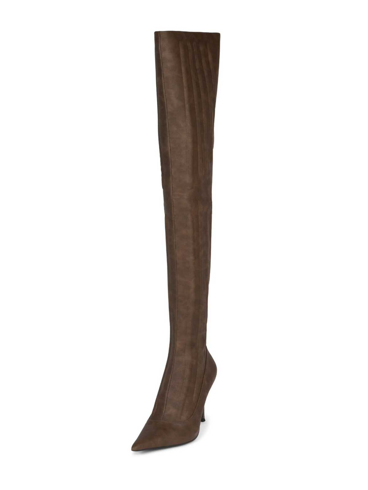 Distressed Brown Pointed-Toe Padded Half-Zip Over-The-Knee Stiletto Boots