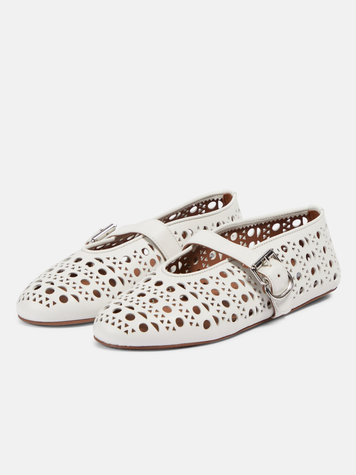 White Ballet Flats Mary Janes With Perforations And Buckled Strap