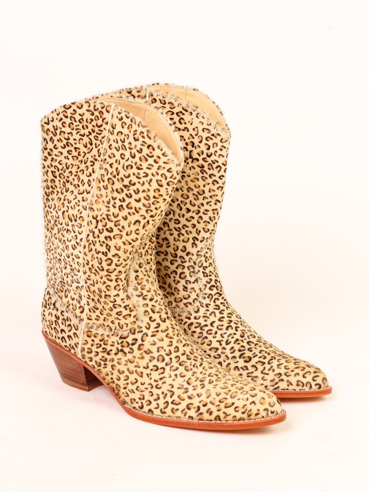 Faux Light Leopard Print Pony Hair Almond-Toe Back-Zip Mid Calf Cowgirl Boots