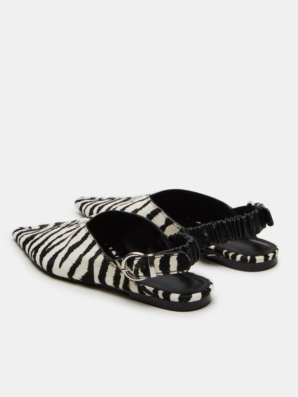 Zebra-Print Pony Hair Pointed-Toe Ruched Slingback Ballet Flats