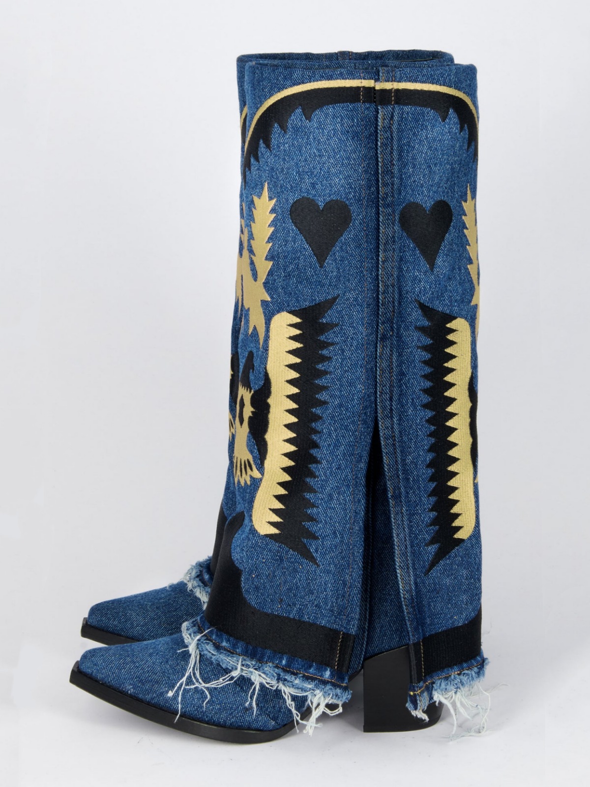 Blue Denim Fold-Over Panel Embroidered With Eagle And Heart Wide Mid Calf Boots