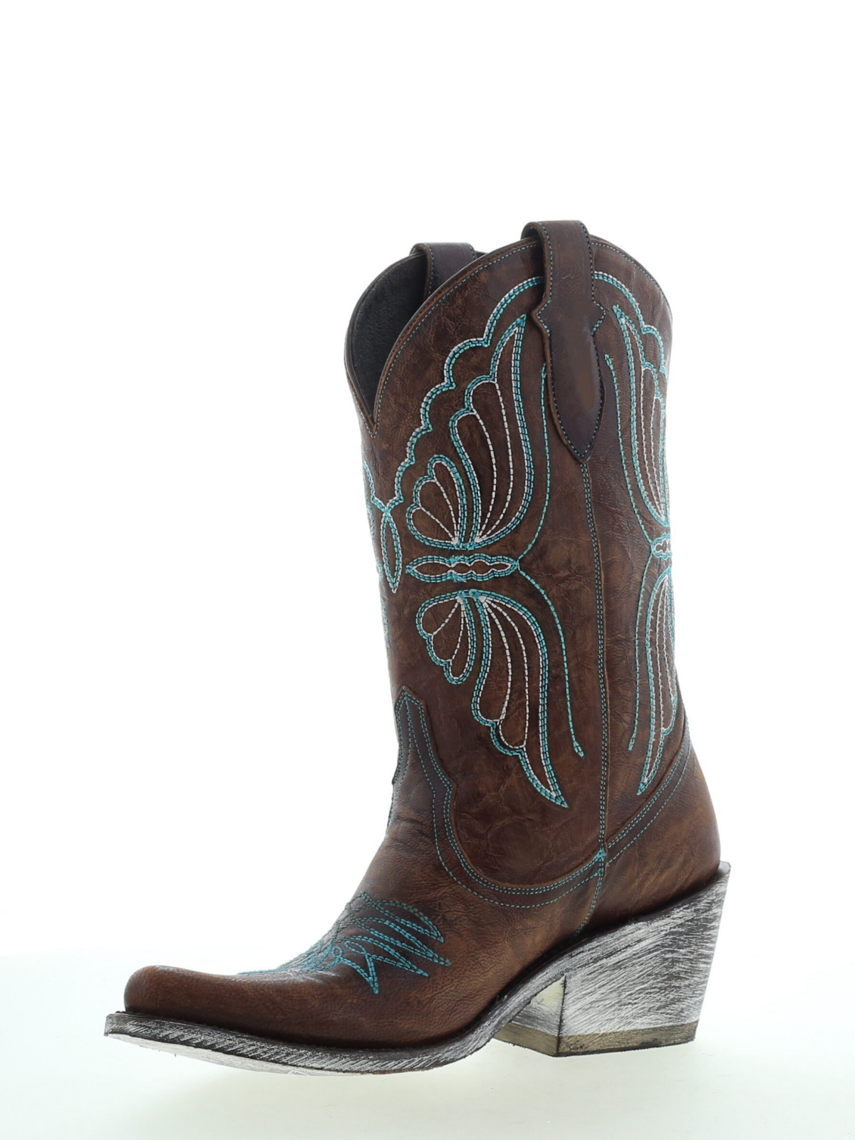 Butterfly Embroidery Almond-Toe Wide Mid Calf Cowgirl Boots - Dark Brown