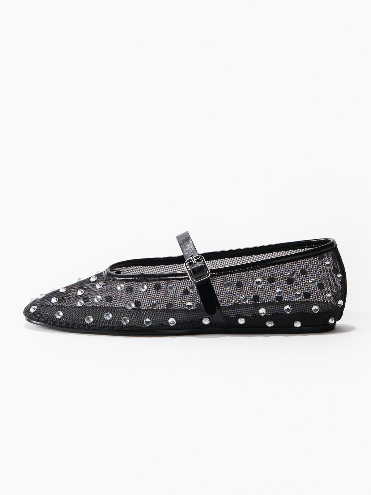 Black Round-Toe Rhinestone Adjustable Clasp Mary Janes Ballet Mesh Flats