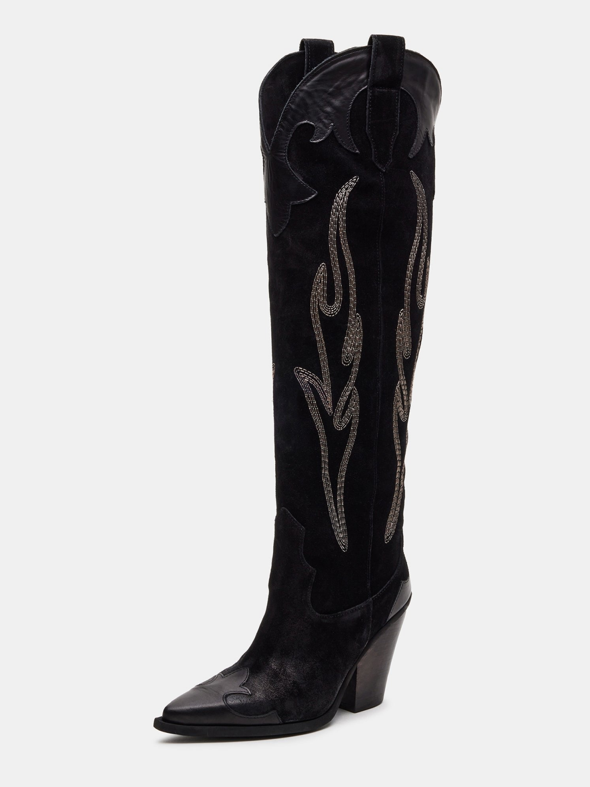 Black Contrast Vegan Leather And Faux Suede Pointed-Toe Applique Embroidery Wide Calf Tall Keen High Cowgirl Boots