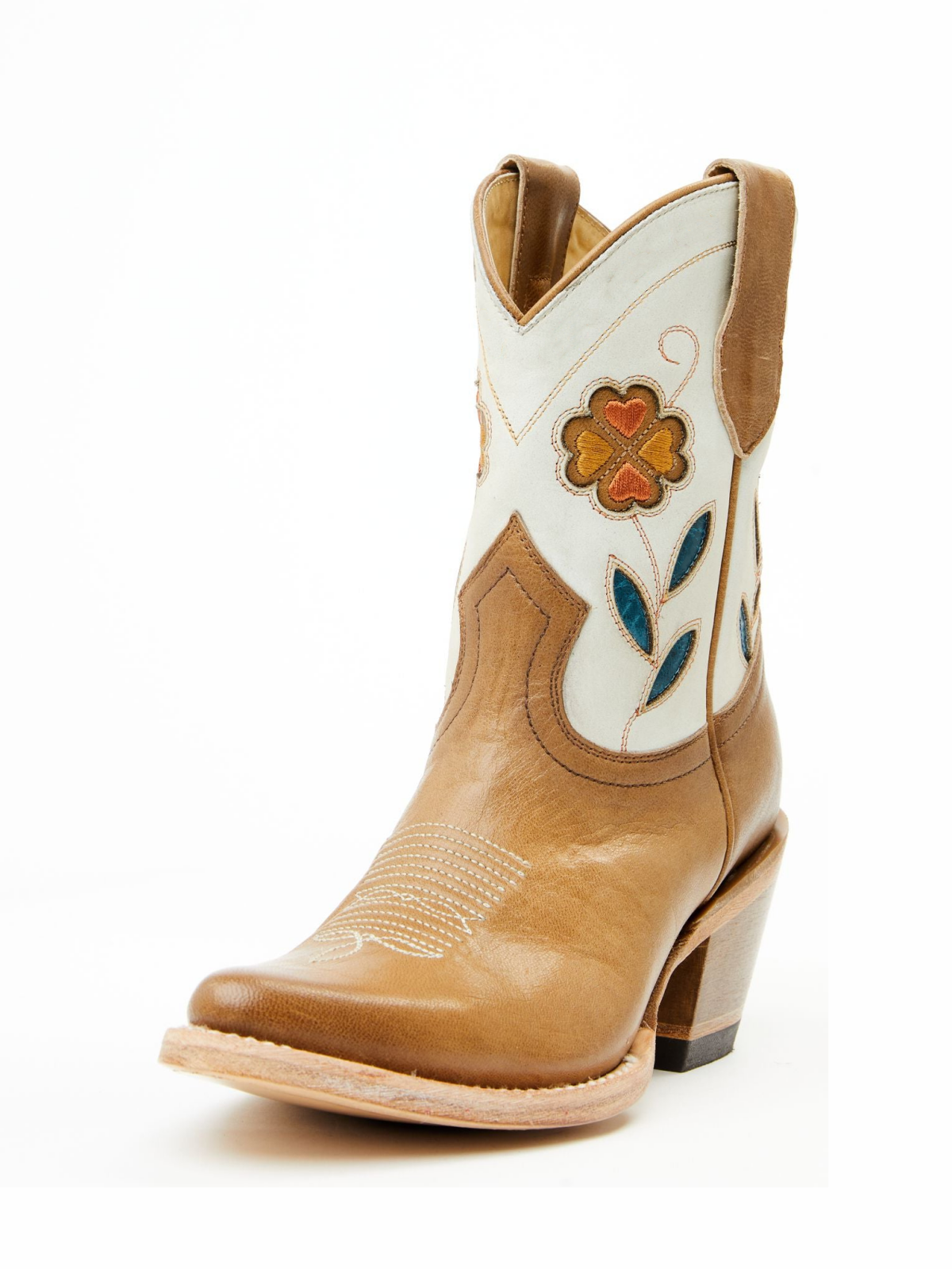 Contrast Tan And Ivory Almond-Toe Flowers Inlay Wide Mid Calf Cowgirl Boots