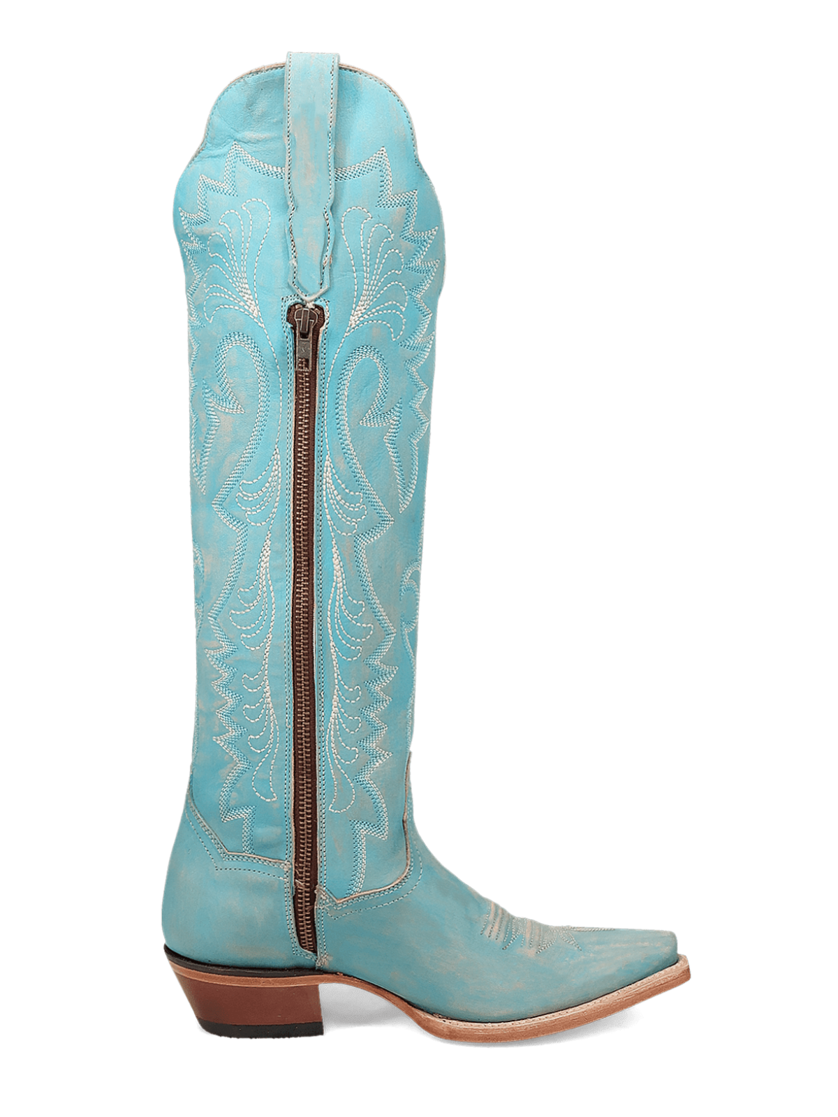 Sky Blue Snip-Toe Embroidery Half-Zip Tall Knee High Cowgirl Boots