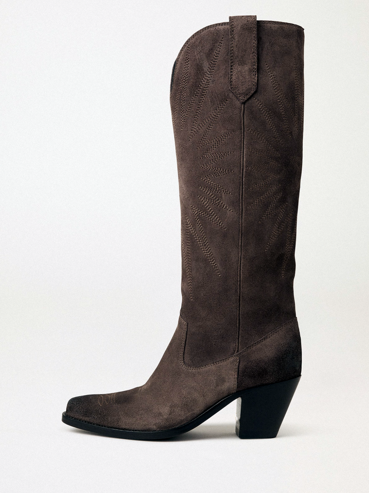 Brown Faux Suede Snip-Toe Star Burst Embroidery Wide Calf Tall Knee High Cowgirl Boots