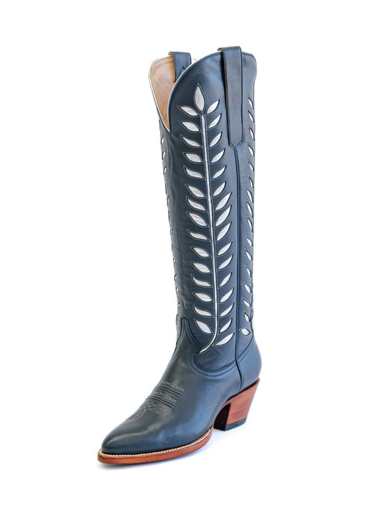 Almond-Toe Metallic Silver Leaves Inlay Wide Calf Tall Knee High Cowgirl Boots - Blue