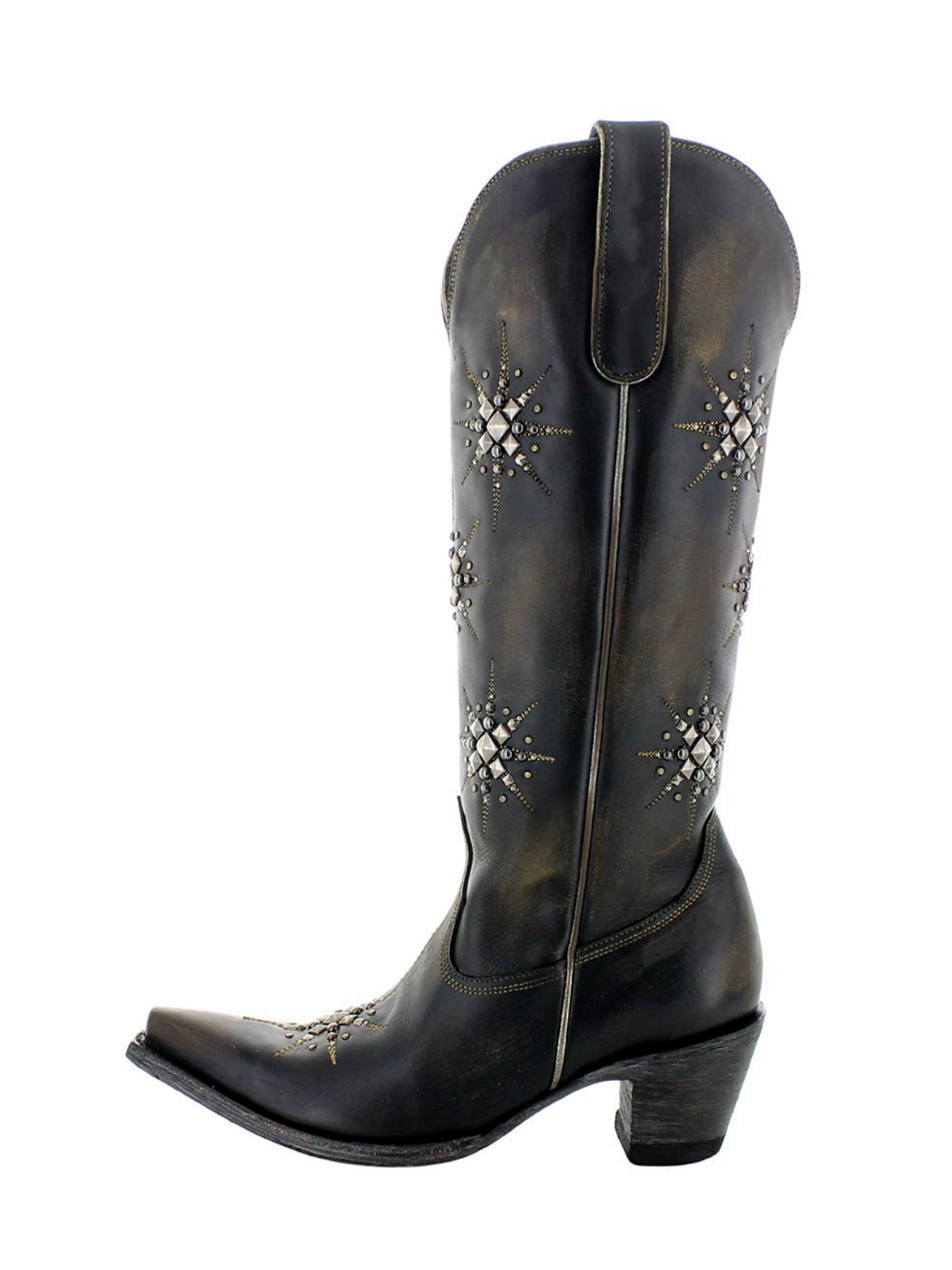 Dark Brown Snip-Toe Studded Stars Full-Zip Mid Calf Cowgirl Boots