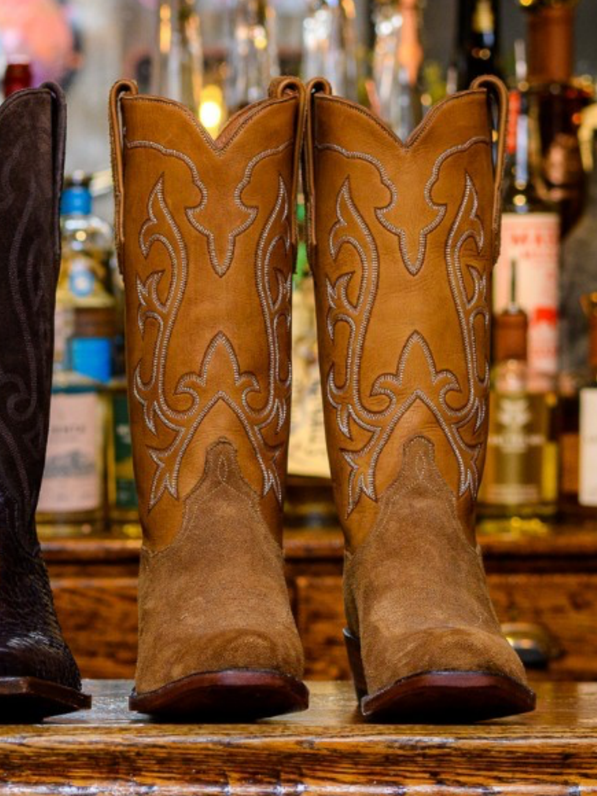 Contrast Cognac And Brown Faux Suede Snip-Toe Embroidery Wide Mid Calf Tall Cowgirl Boots