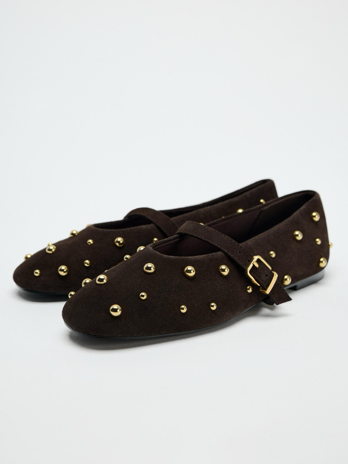 Brown Faux Suede Round-Toe Studded Mary Janes Ballet Flats