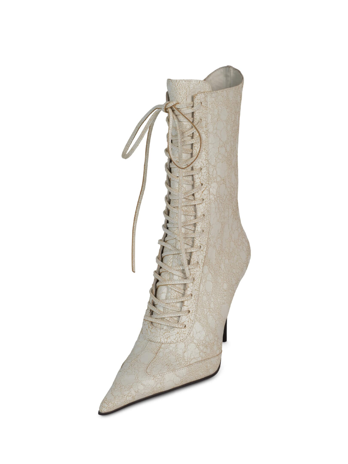 Distressed Cream Pointed-Toe Full-Zip Lace-Up Mid Calf Stiletto Boots