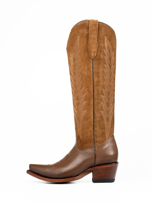 Brown Contrast Vegan Leather And Faux Suede Snip-Toe Half-Zip Embroidery Mid Calf Cowgirl Boots