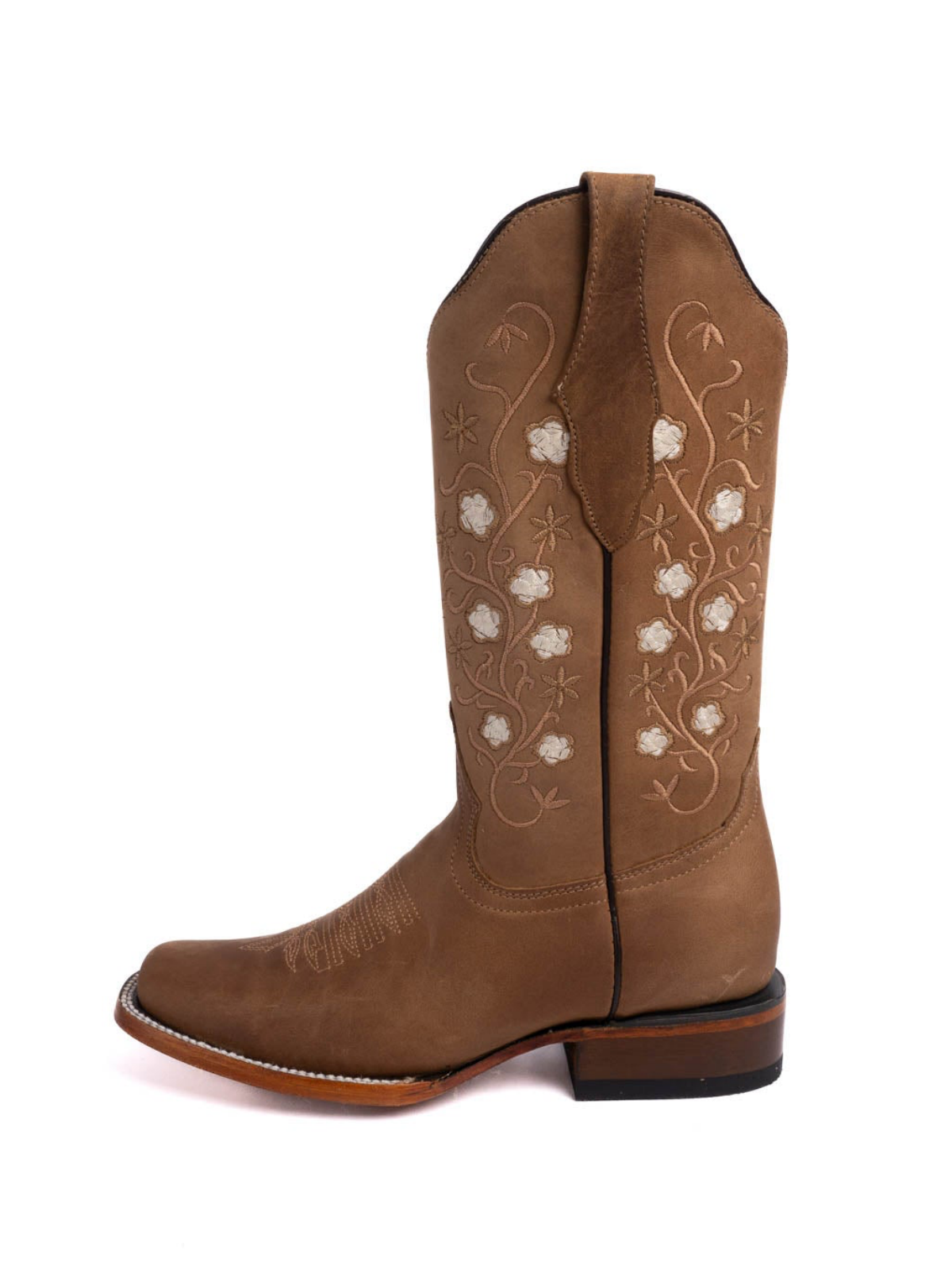 Brown Square-Toe Floral Embroidery Classic Wide Mid Calf Cowgirl Boots