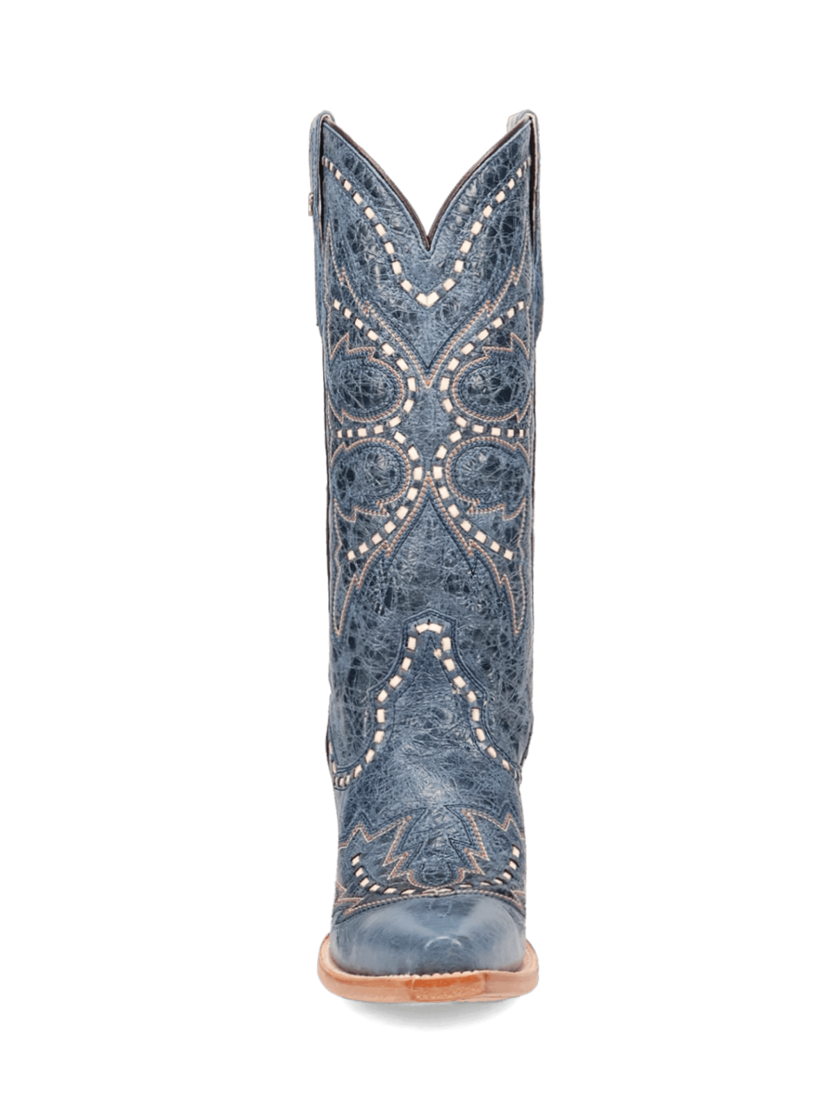 Distressed Blue Snip-Toe Embroidery And Running Stitch Wide Mid Calf Cowgirl Boots