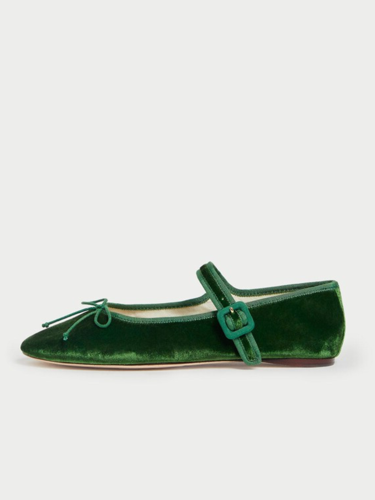 Green Velvet Almond-Toe Elastic Bridge Strap Bow Mary Janes Ballet Flats