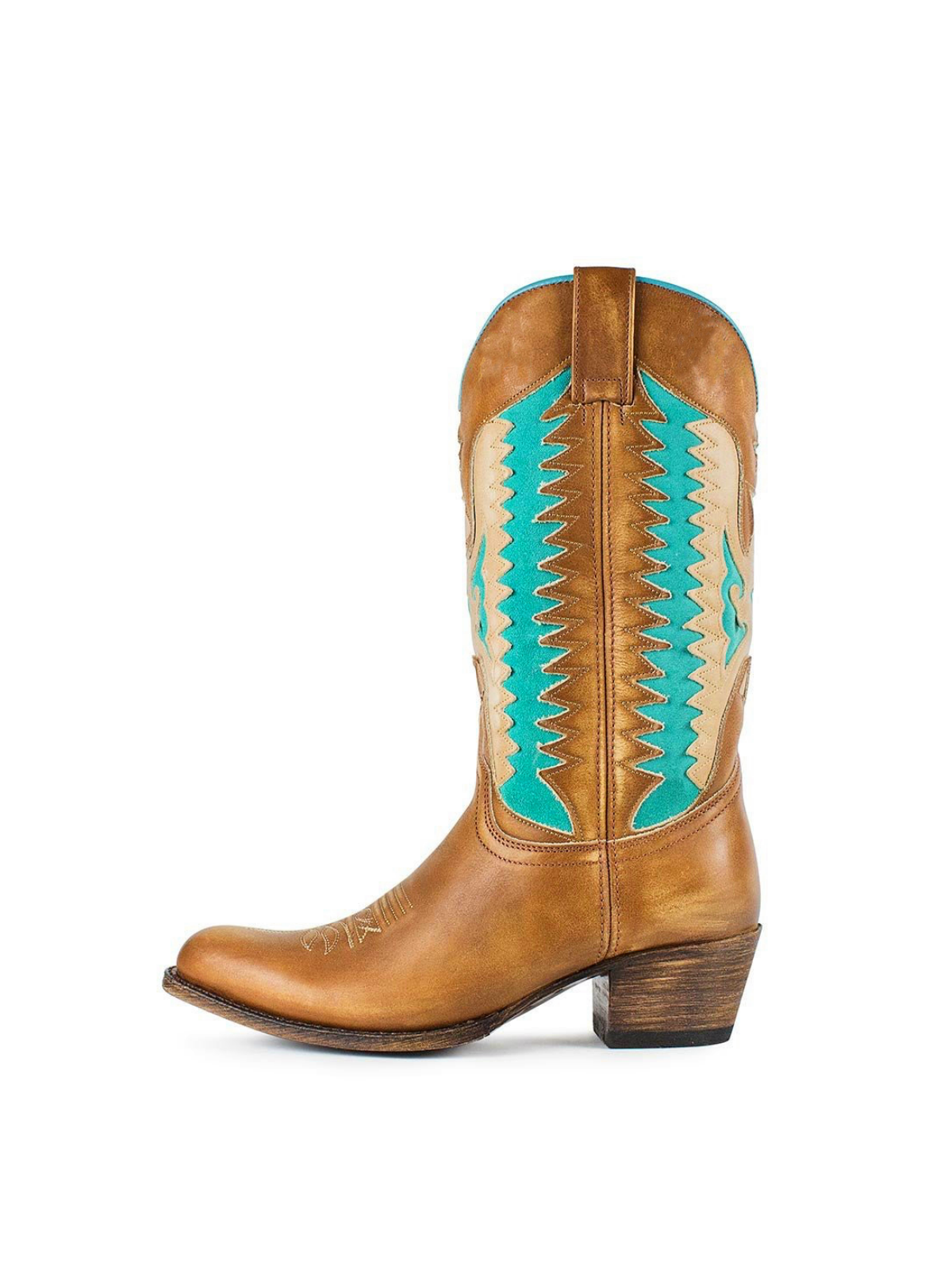 Brown Almond-Toe Wide Mid Calf Cowgirl Boots With Thunderbird Heart Inlay