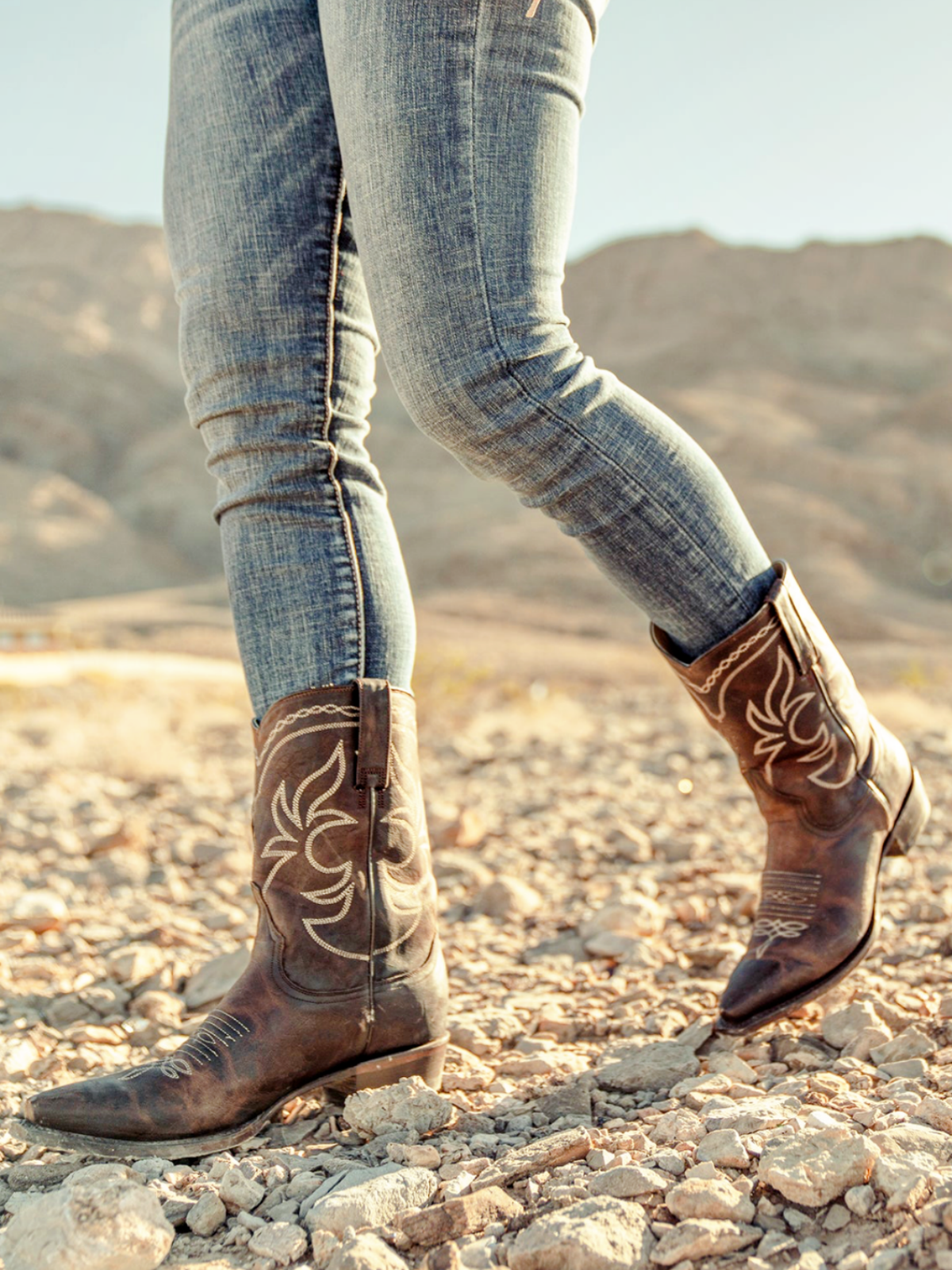 Brown Snip-Toe Embroidery Wide Mid Calf Western Boots For Women