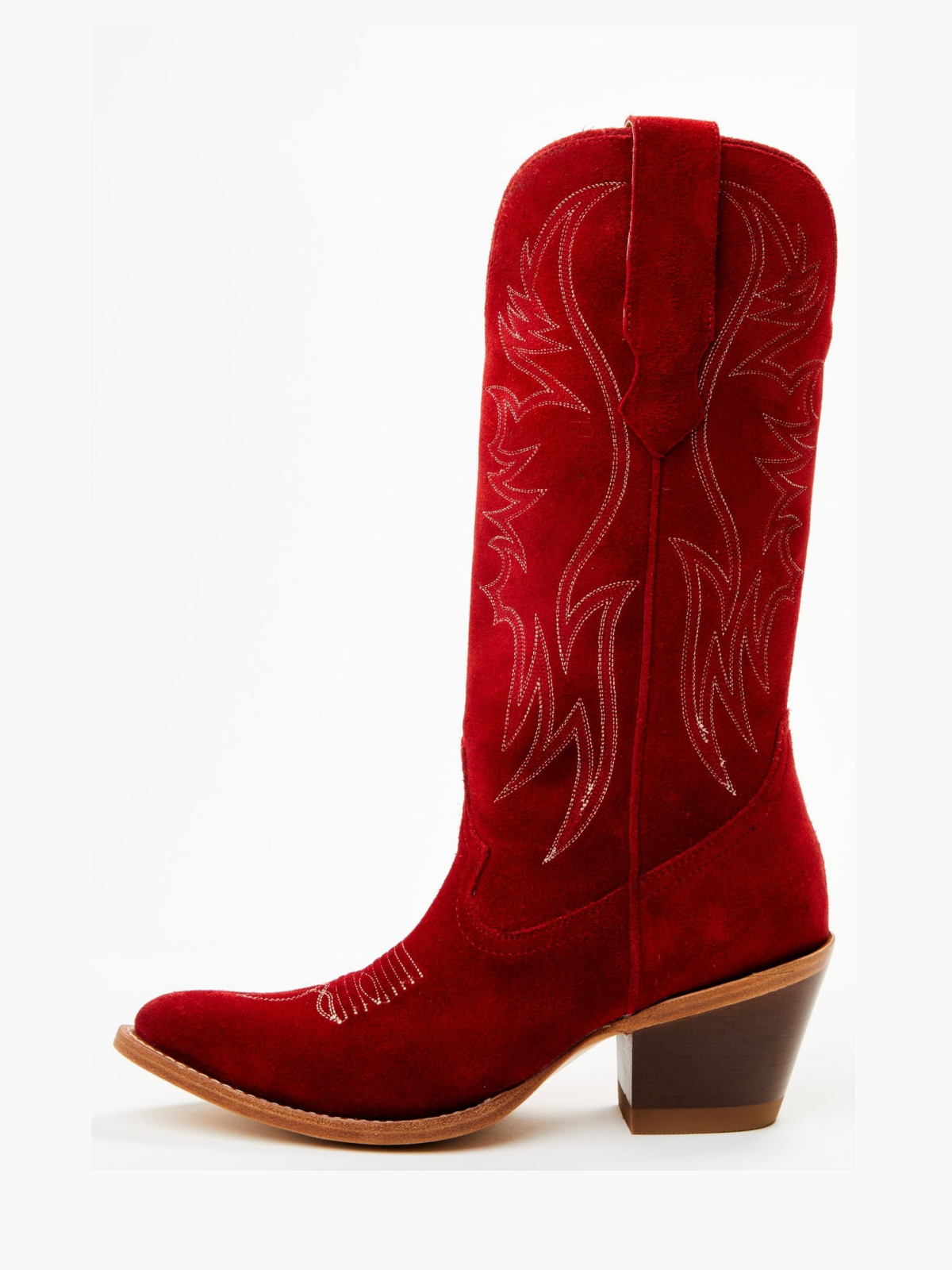 Faux Suede Wings Embroidery Pointed-Toe Wide Mid Calf Tall Cowgirl Boots - Cherry Red